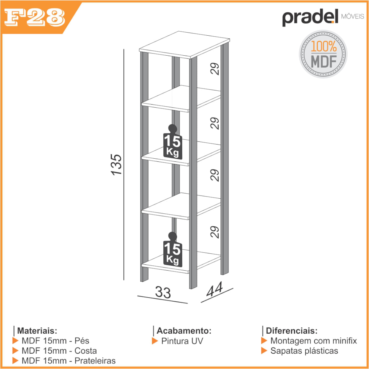 Estante para Livros Industrial 5 Prateleiras 100% Mdf Freijó/Preto Fosco  F10 - Pradel