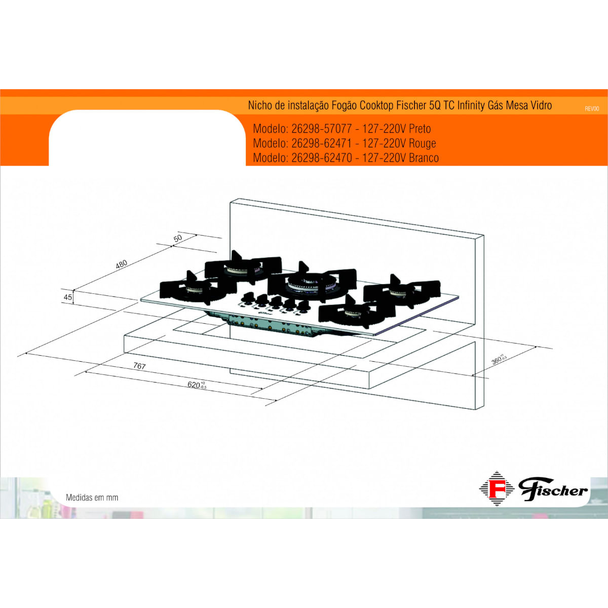 Cooktop Fischer 5Q Tripla Chama Infinity Gás Mesa Vidro Vermelho Rouge