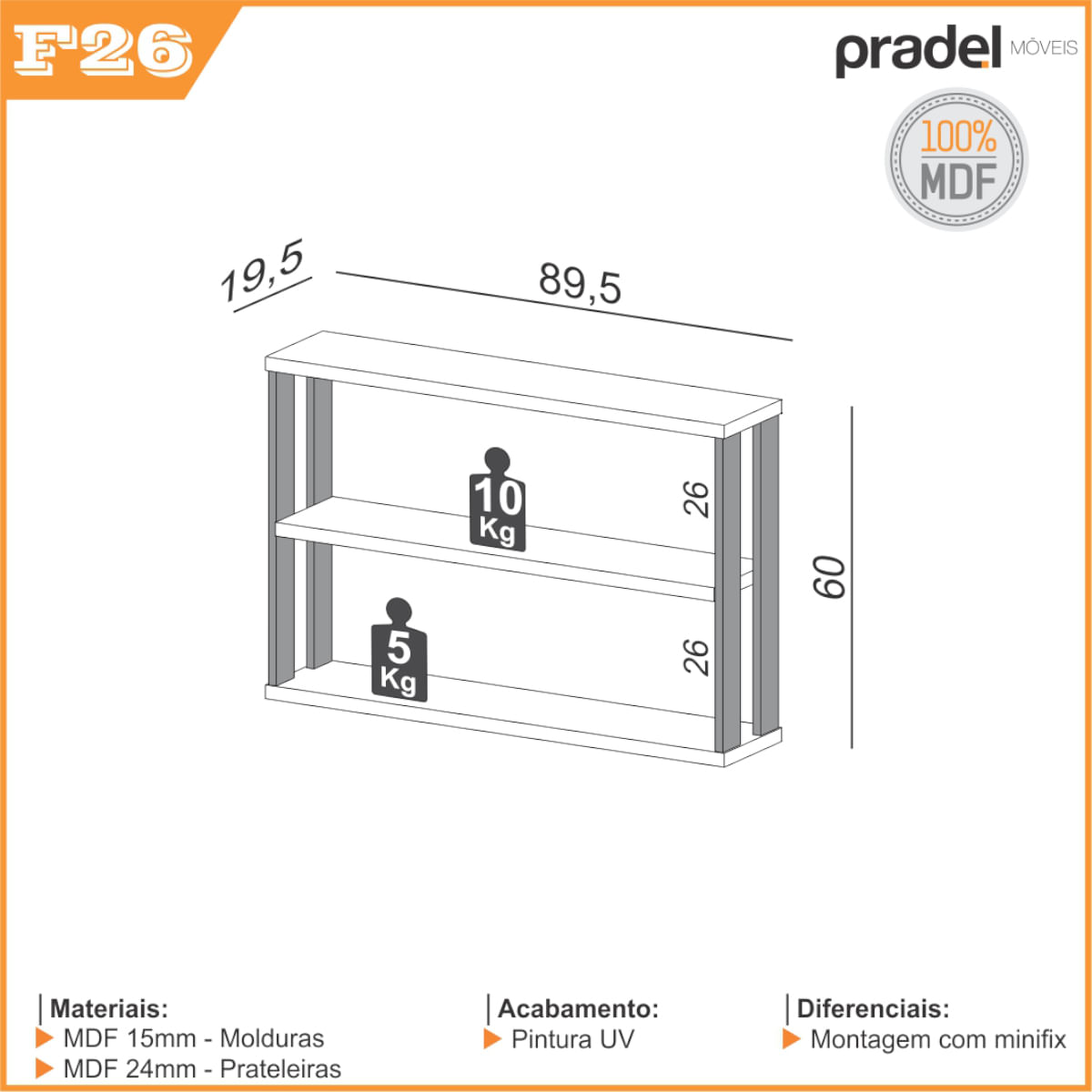 Nicho 2 Prateleiras 89,5cm Freijó com Preto Dalla Costa F26 ...