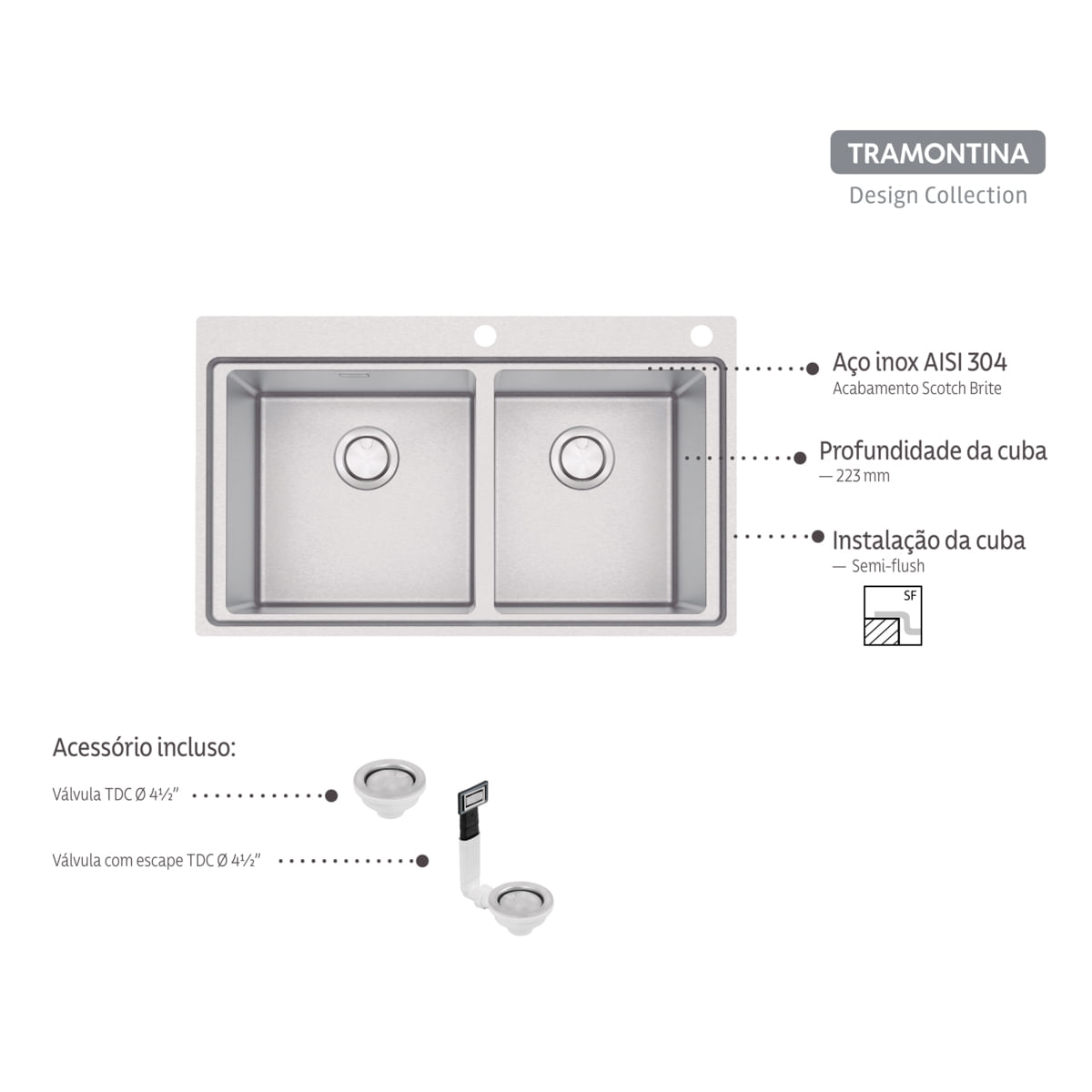 Cuba de Sobrepor Tramontina Smooth 2C 40 em Aço Inox Scotch Brite 86 x ...